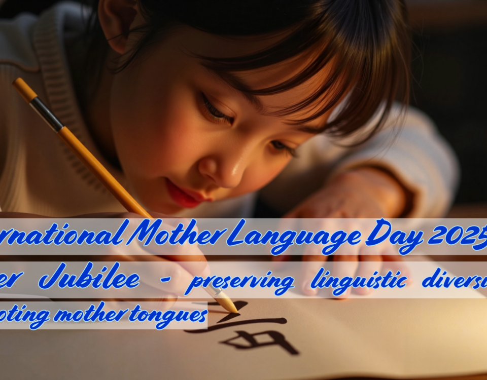 Japanese girl practising Japanese calligraphy. Overlay text that reads, "International Mother Language Day 2025. Silver Jubilee: preserving linguistic diversity and promoting mother tongues"